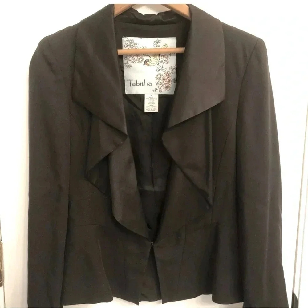 Anthropologie Tabitha Blazer Jacket Black Silk Draped Collar Size 4 S Small
